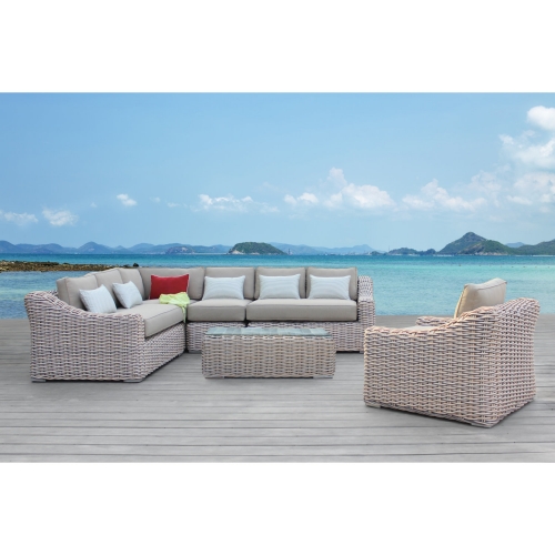 Alejandra 6 Piece Outdoor Sofa Set in White Metal, Grey PE Wicker & Sunbrella Fabric